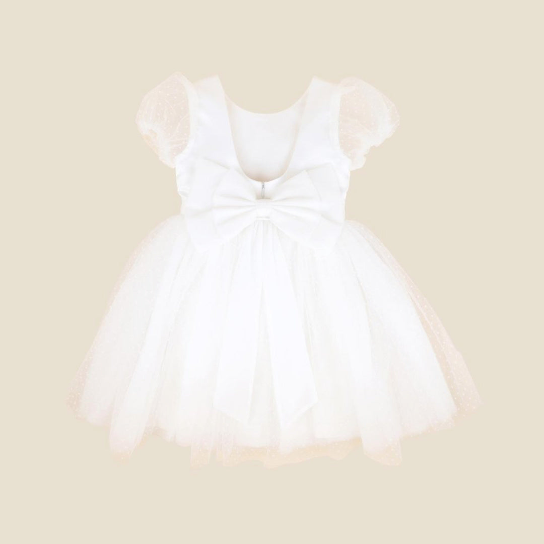 BEBE IVORY SPOT PUFF SLEEVE DRESS WTH BACK BOW