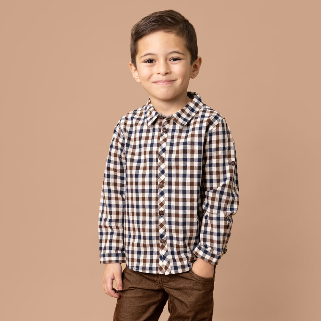 BEBE MYLES L/S CHECK SHIRT - OAT NAVY BROWN