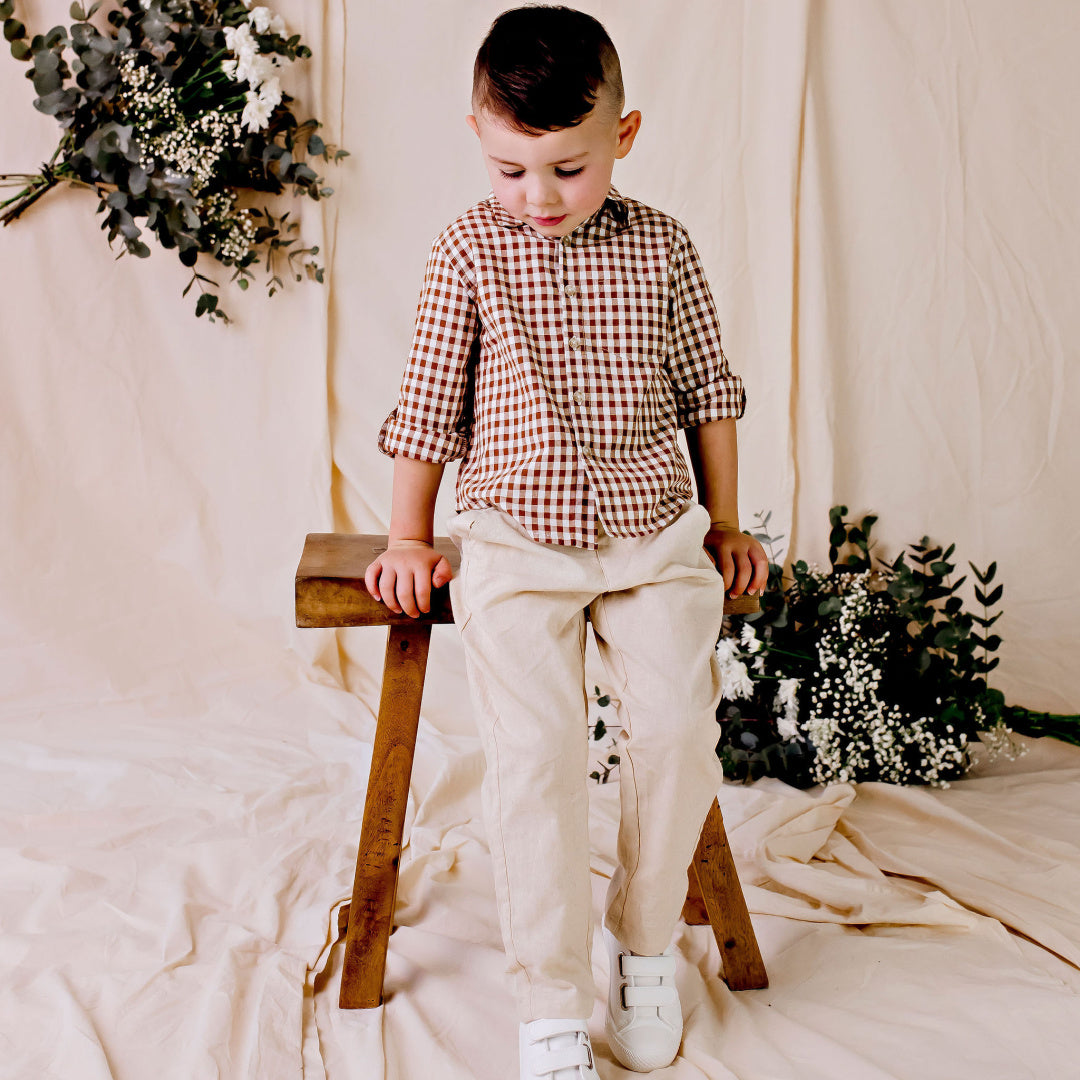 DESIGNER KIDZ BOYS OLIVER L/S GINGHAM SHIRT - COCOA