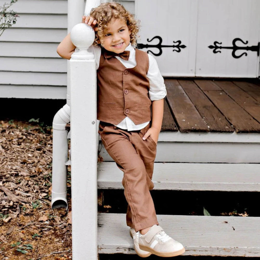 DESIGNER KIDZ BOYS FINLEY LINEN PANTS - CHOCOLATE