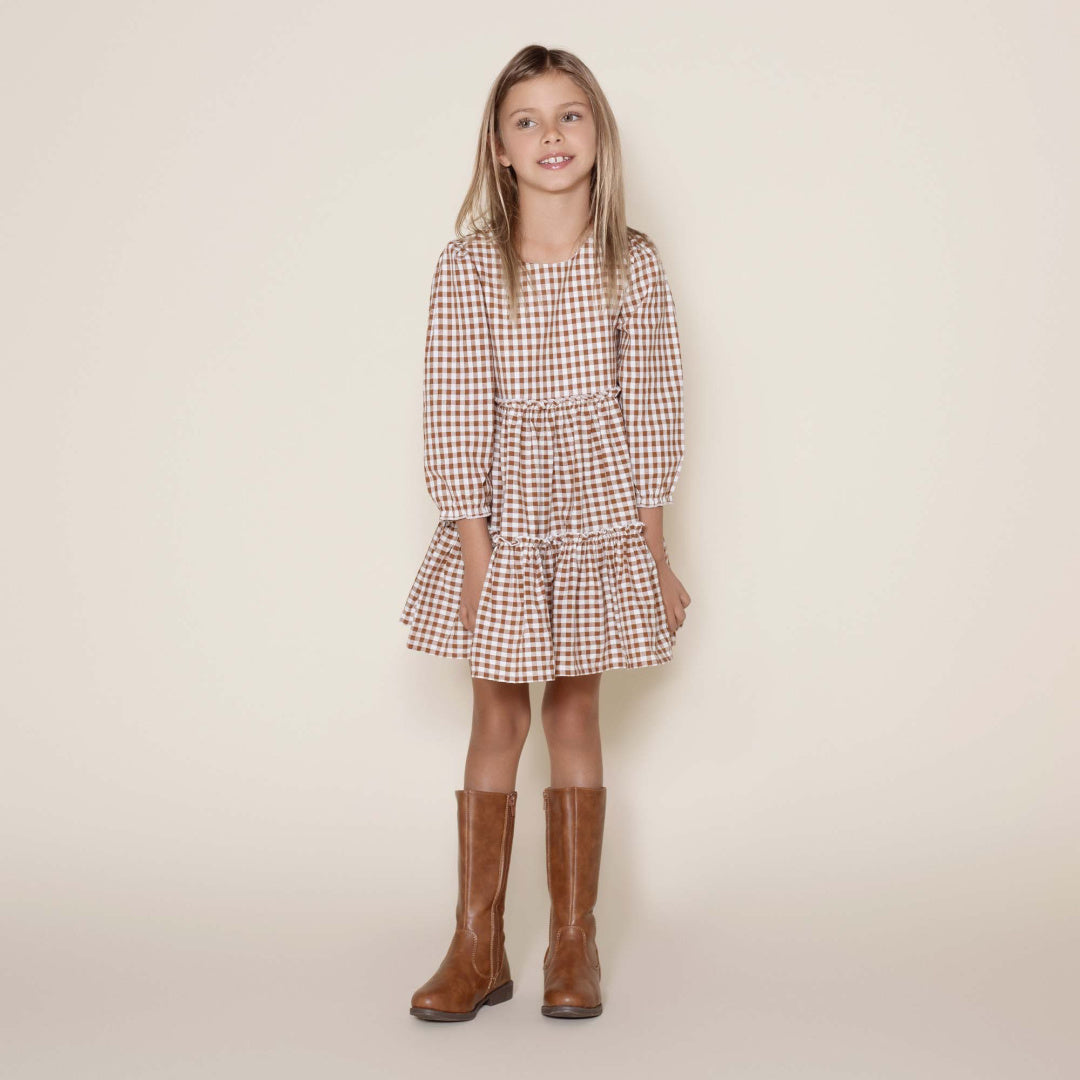 DESIGNER KIDZ GIGI GINGHAM L/S TIERED DRESS - COCO GINGHAM