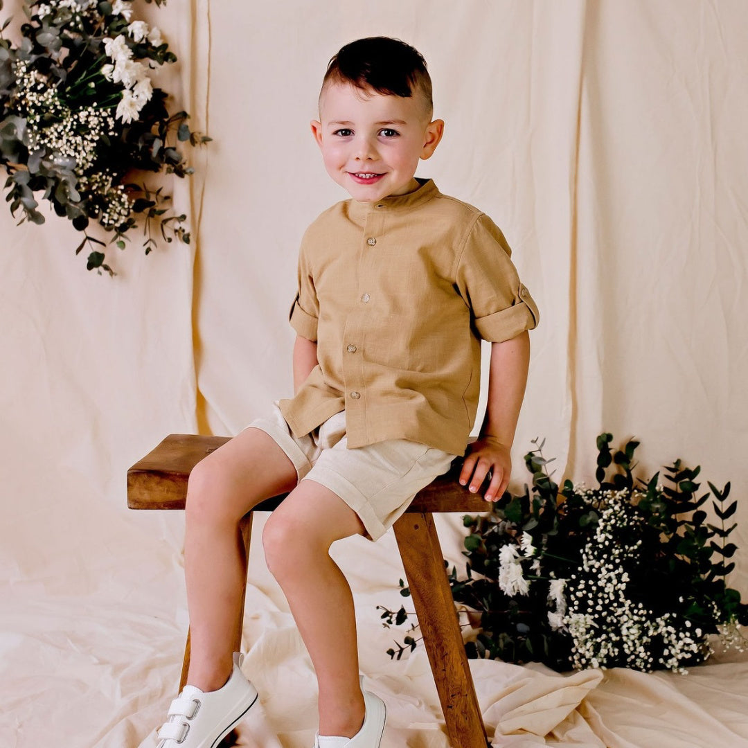 DESIGNER KIDZ BOYS LEO L/S BUTTON SHIRT - CARAMEL