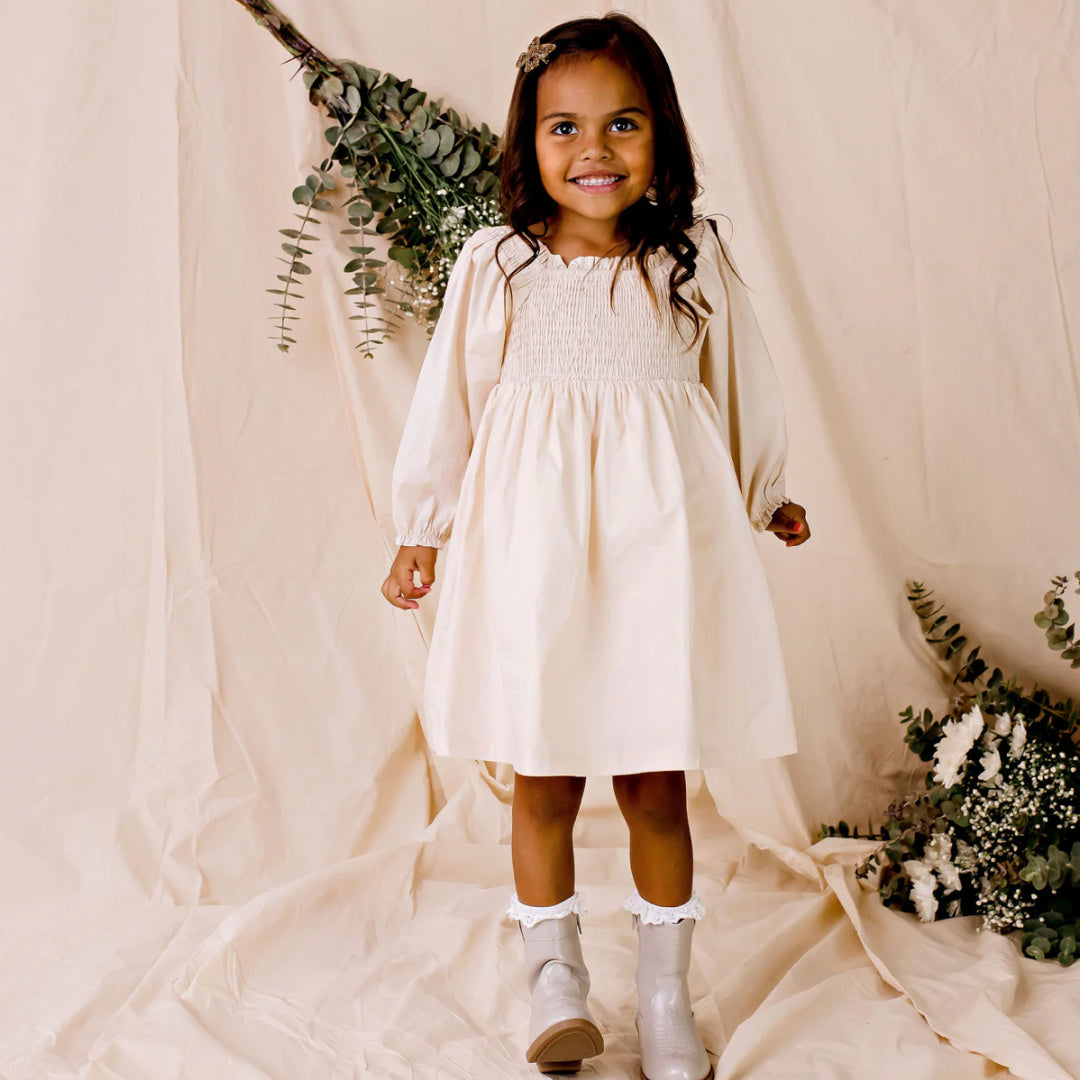 DESIGNER KIDZ LILY L/S PUFF SLEEVE DRESS - ECRU
