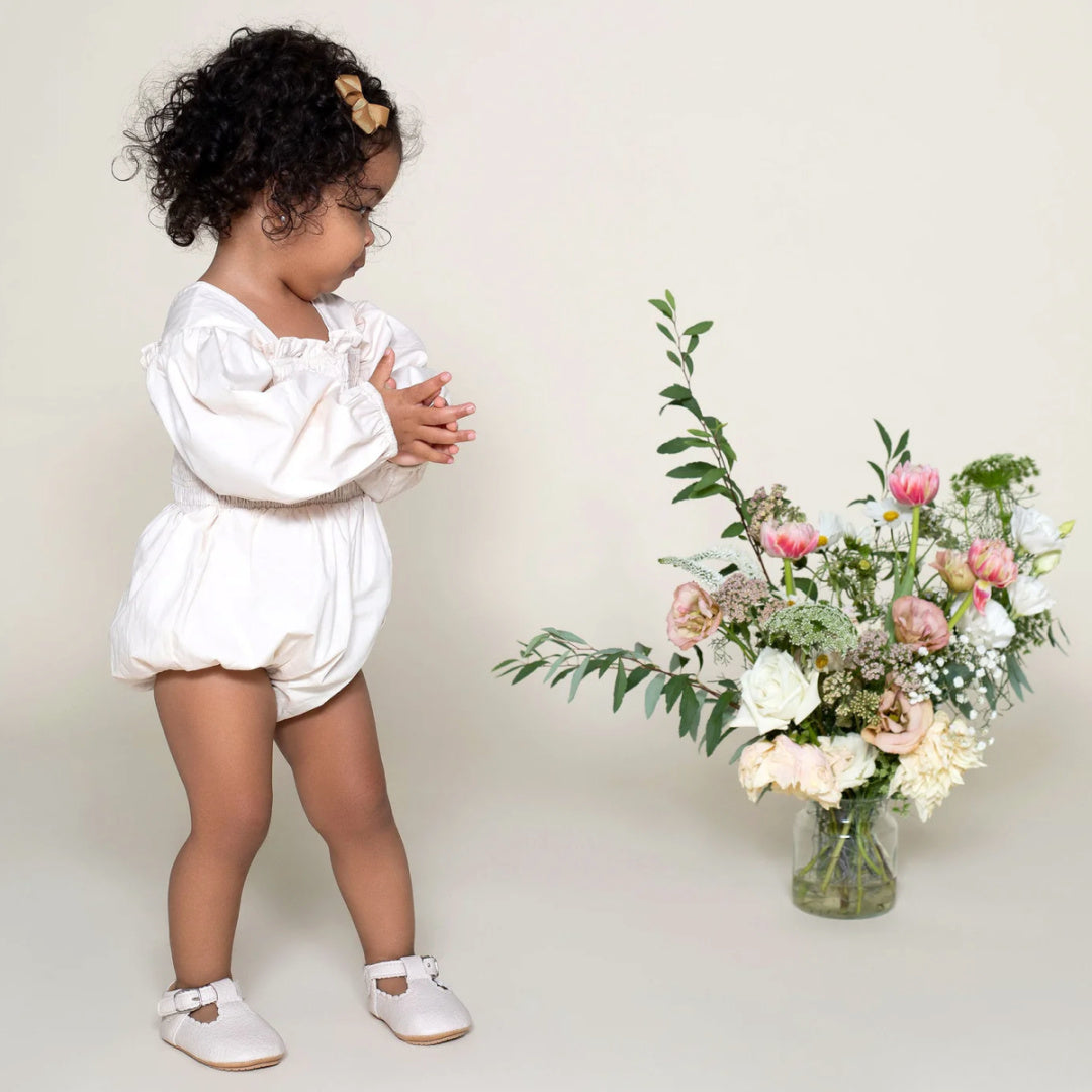 DESIGNER KIDZ LILY L/S PUFF SLEEVE ROMPER - ECRU