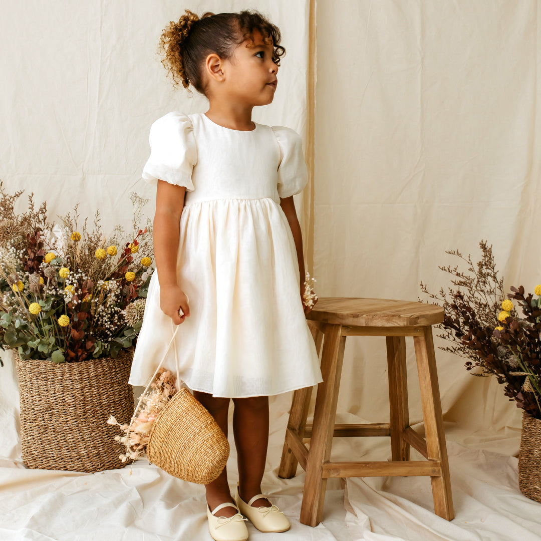 DESIGNER KIDZ NOA PUFF SLEEVE BOW BACK DRESS - CHAMPAGNE