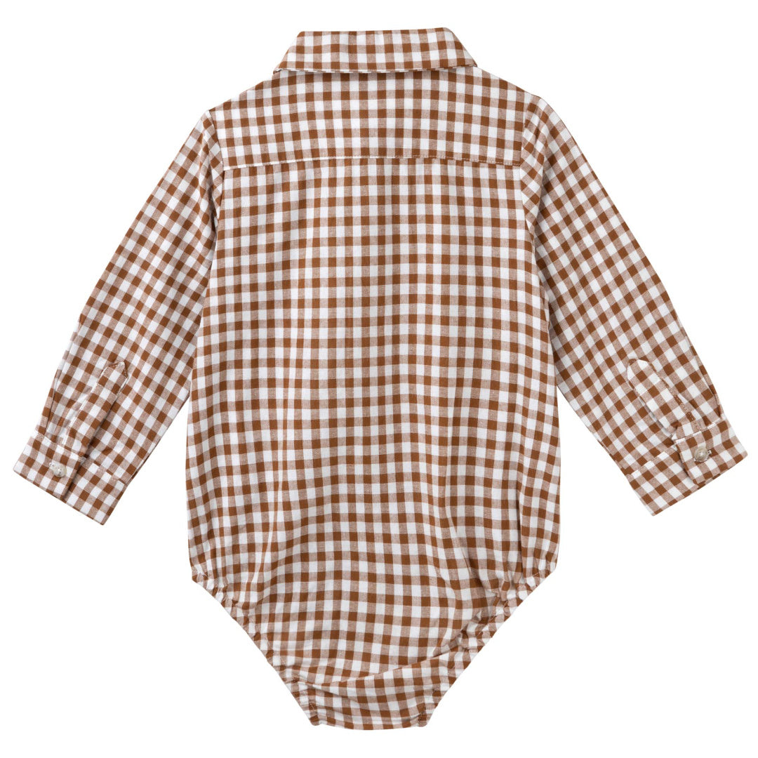DESIGNER KIDZ OLIVER GINGHAM L/S ROMPER - COCOA