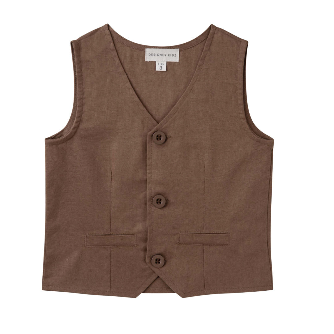 DESIGNER KIDZ BOYS FINLEY LINEN VEST - CHOCOLATE