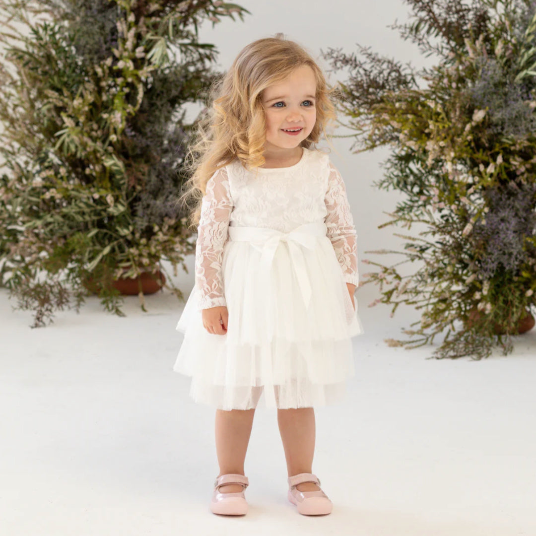 DESIGNER KIDZ MY FIRST LACE TUTU L/S DRESS - IVORY