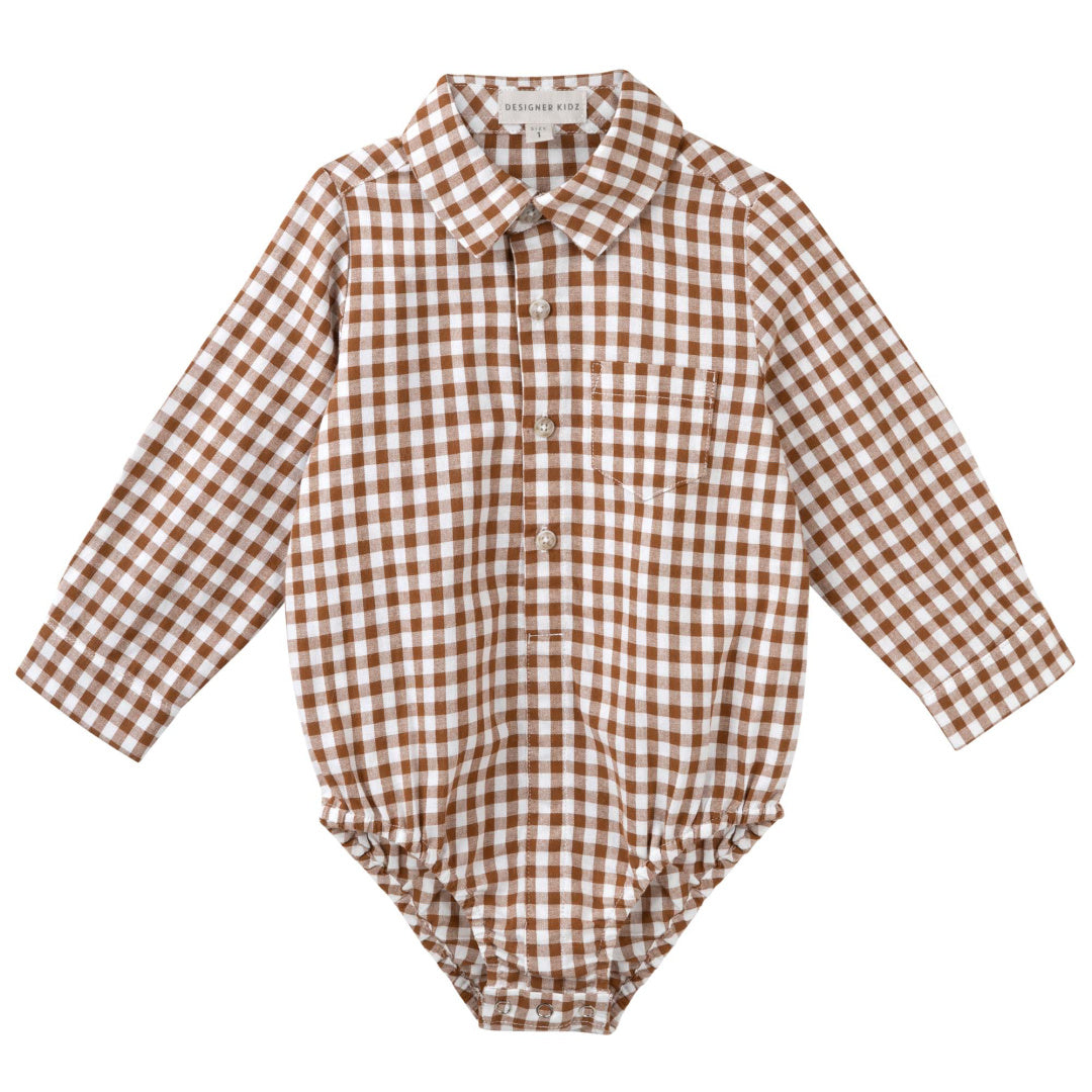 DESIGNER KIDZ OLIVER GINGHAM L/S ROMPER - COCOA