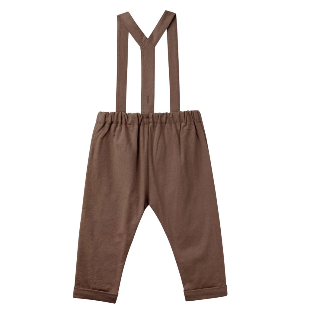 DESIGNER KIDZ BOYS FINLEY LINEN SUSPENDER PANTS - CHOCOLATE