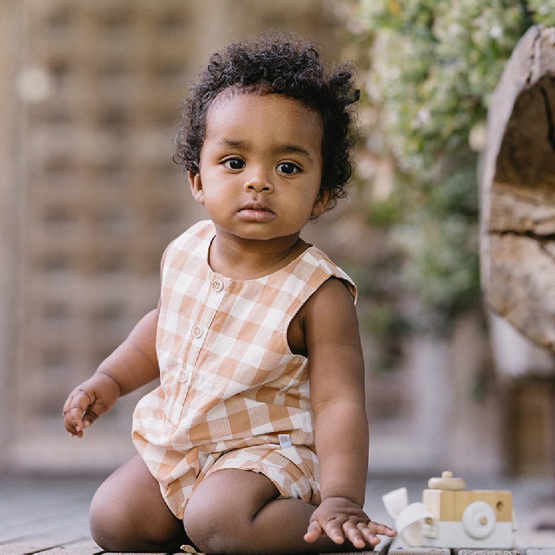 FOX AND FINCH CARAMEL CHECK ROMPER