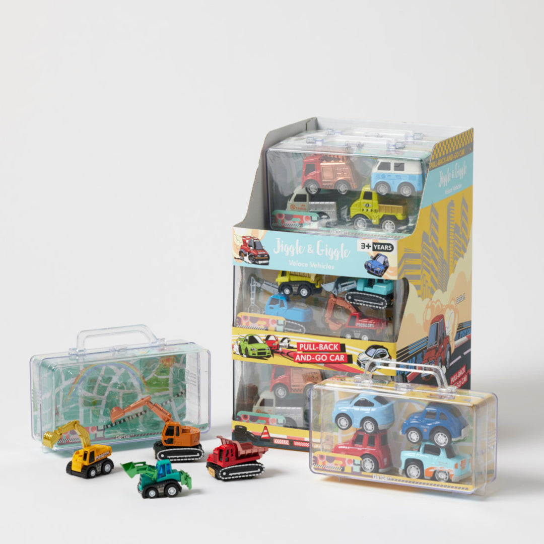 JIGGLE AND GIGGLE VELOCE VEHICLES PULLBACK TOY CARS (SET OF 4)