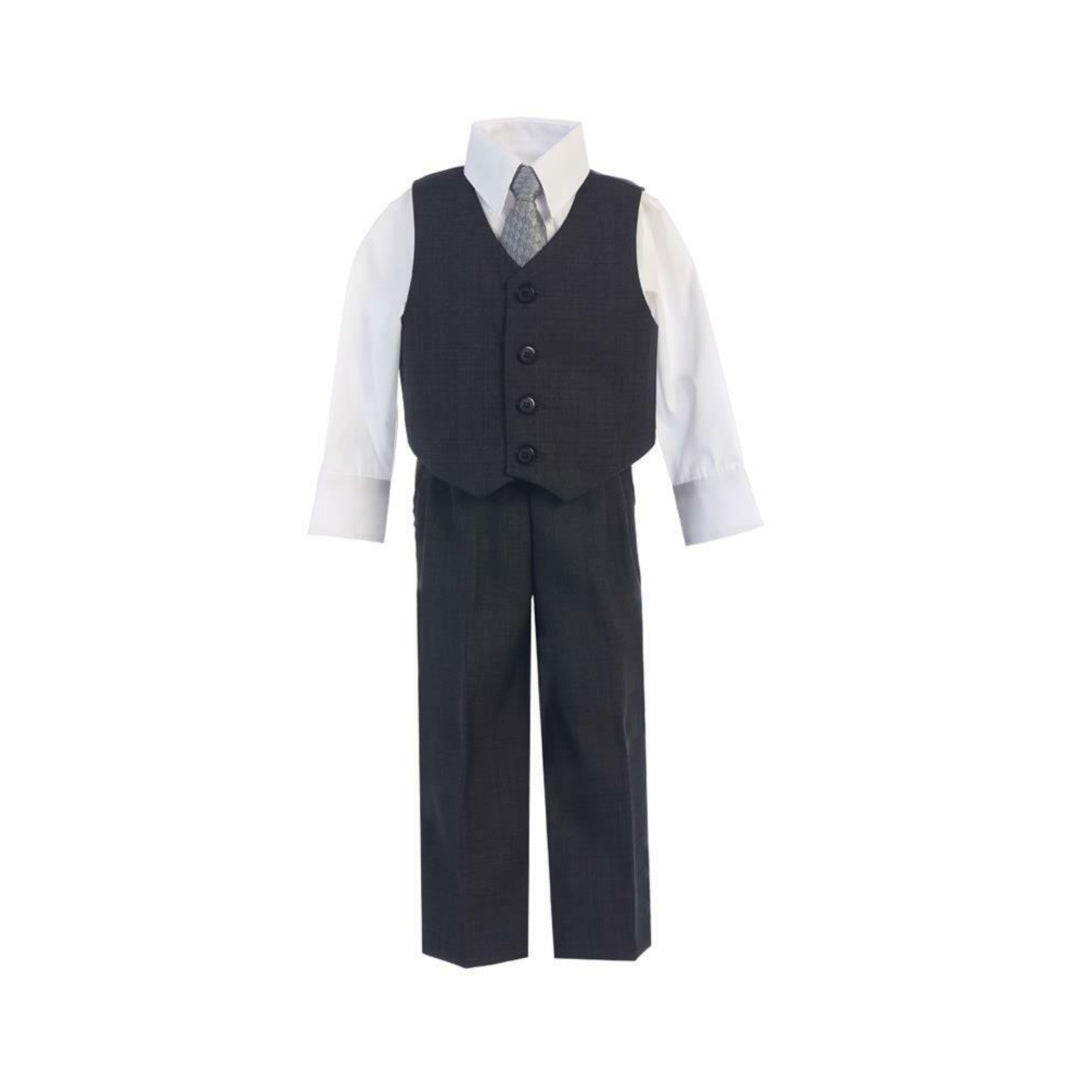EXECUKIDS 4 PCE BOYS FORMAL VEST, PANTS, SHIRT & TIE SET - CHARCOAL