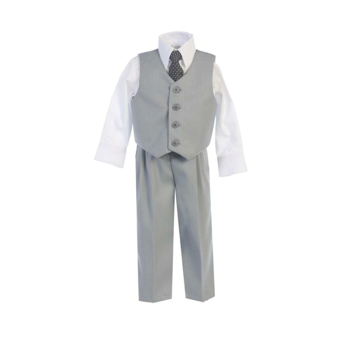 EXECUKIDS 4 PCE BOYS FORMAL VEST, PANTS, SHIRT & TIE SET - LIGHT GREY