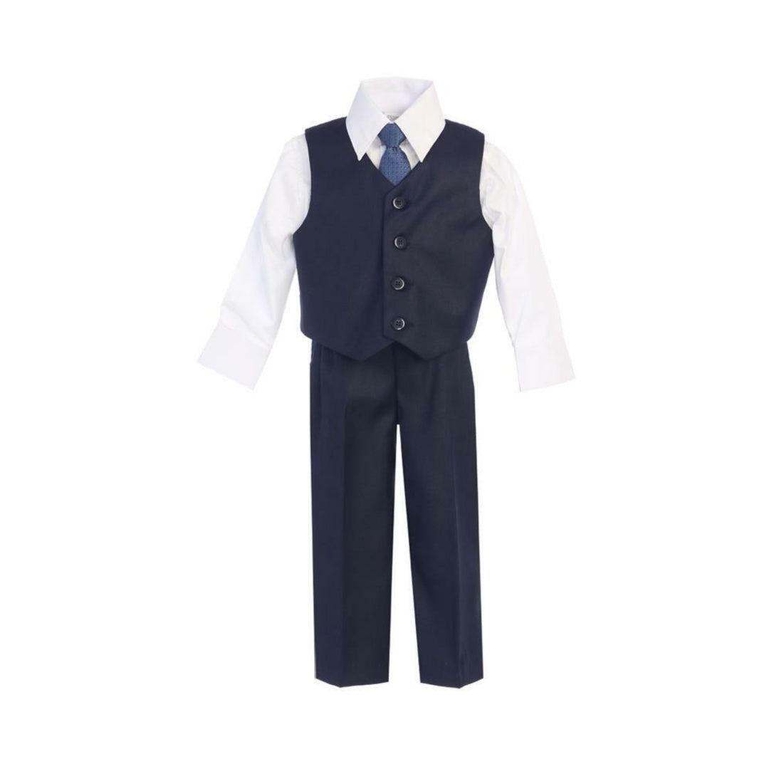 EXECUKIDS 4 PCE BOYS FORMAL VEST, PANTS, SHIRT & TIE SET - NAVY