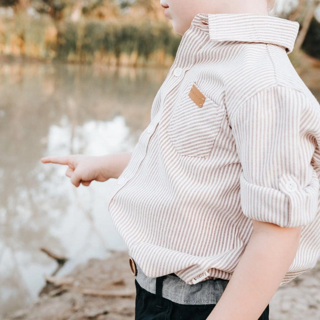 LOVE HENRY BOYS DRESS SHIRT - BEIGE PINSTRIPE