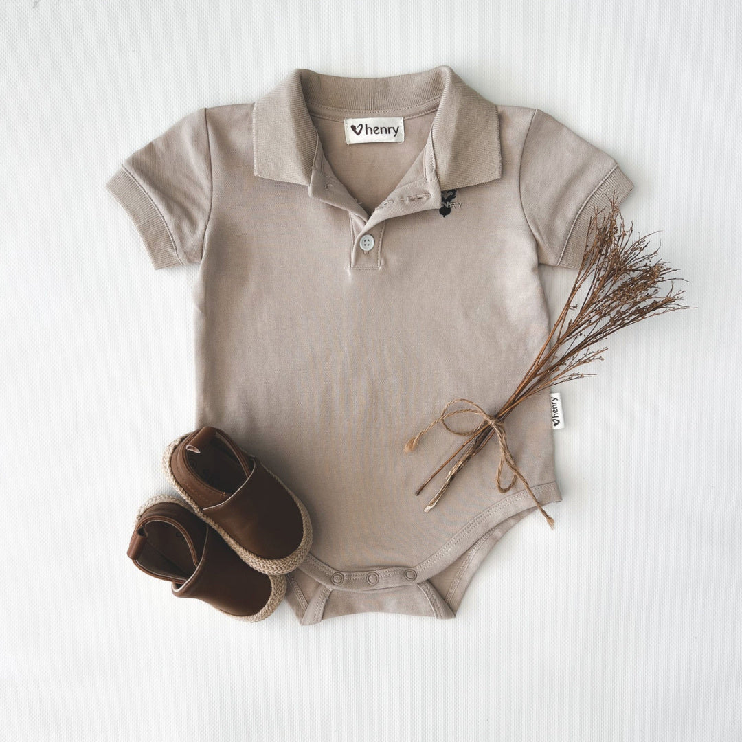 LOVE HENRY BABY BOYS POLO ROMPER - DUSTY BEIGE
