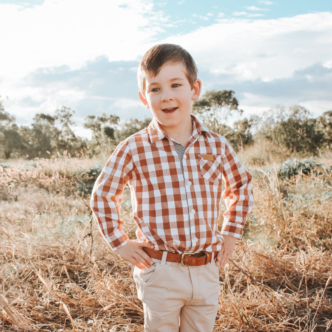 LOVE HENRY BOYS DRESS SHIRT - LARGE BRONZE CHECK