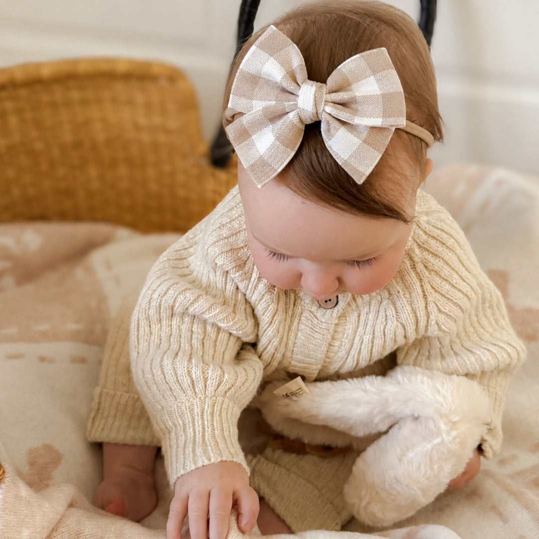 POP YA TOT LINEN BABY BOW HEADBAND - IVORY GINGHAM