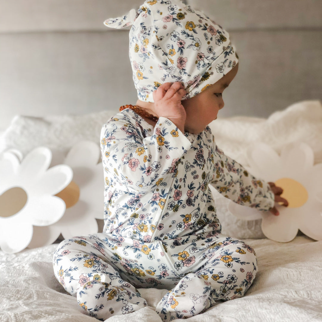 BEBE WHITE LABEL MAE FLORAL ORGANIC LS ROMPER