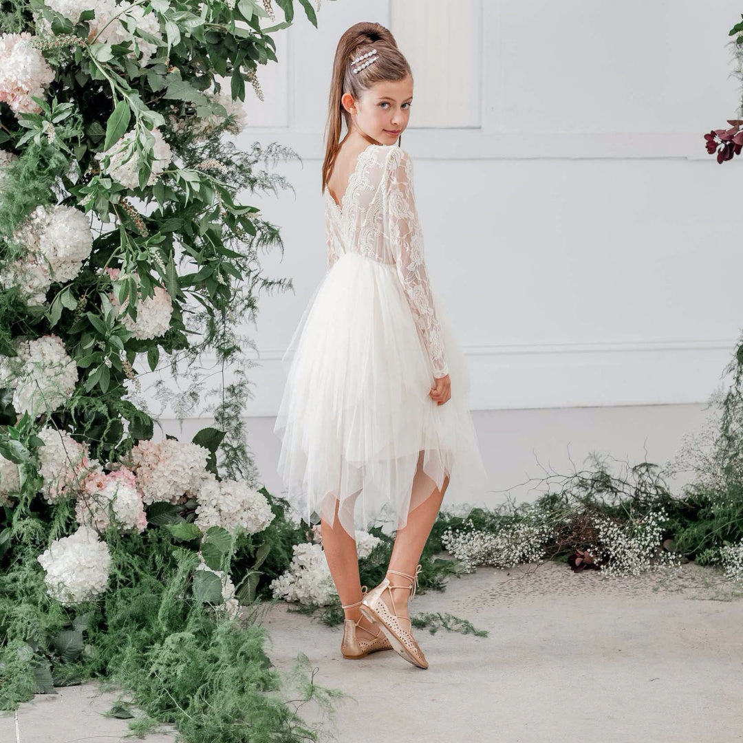 DESIGNER KIDZ SOPHIE L/S LACE BODICE TUTU DRESS - BEIGE