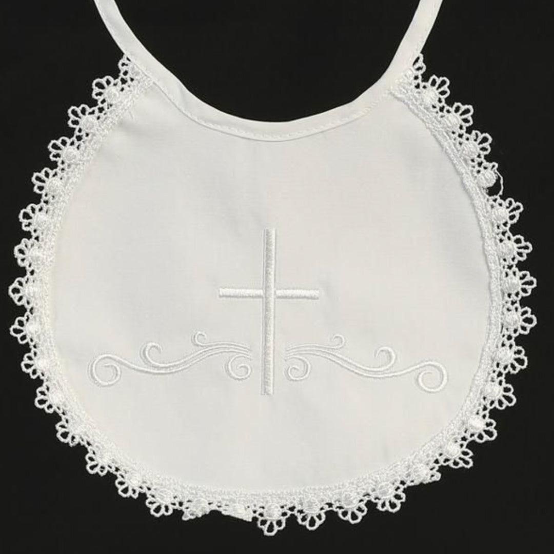 BABY GIRL CHRISTENING BIB WITH CROSS AND LACE TRIM - WHITE