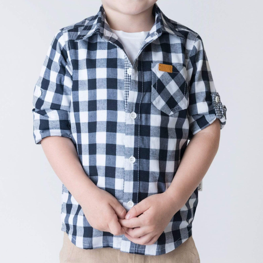 LOVE HENRY BOYS DRESS SHIRT - LARGE NAVY CHECK