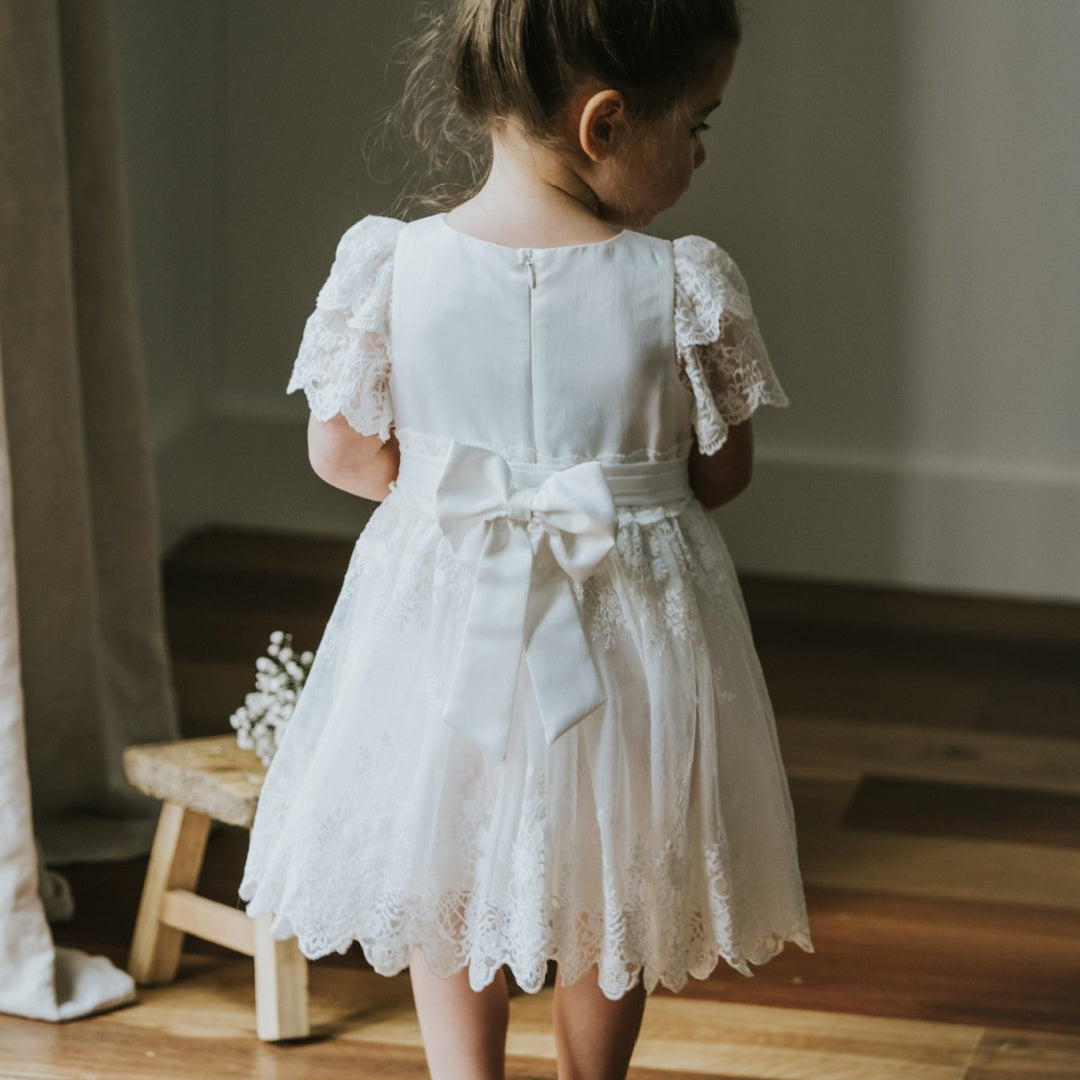 BEBE FLOATY SLEEVE LACE DRESS