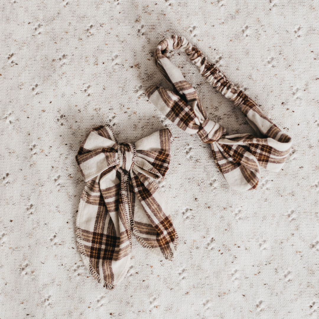 BENCER & HAZELNUT BOW HEADBAND / CLIP - BROWN CHECK