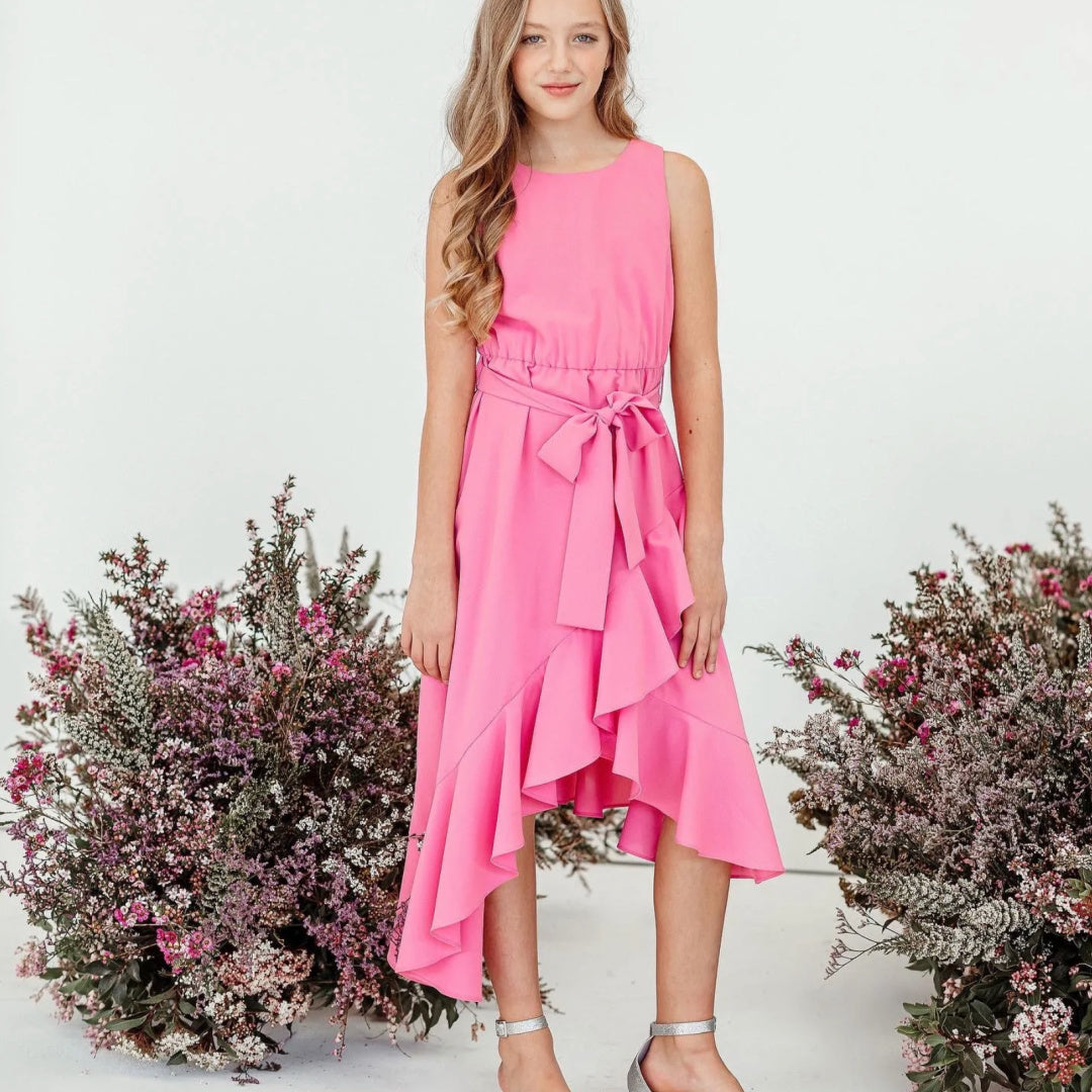 DESIGNER KIDZ AKIRA ASYMMETRICAL FRILL DRESS - FUSCHIA
