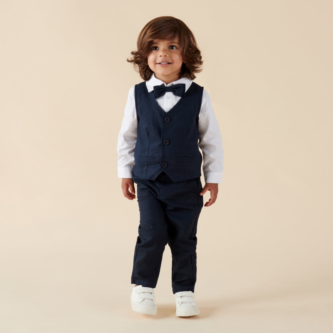 DESIGNER KIDZ BOYS FINLEY LINEN BOW TIE - NAVY