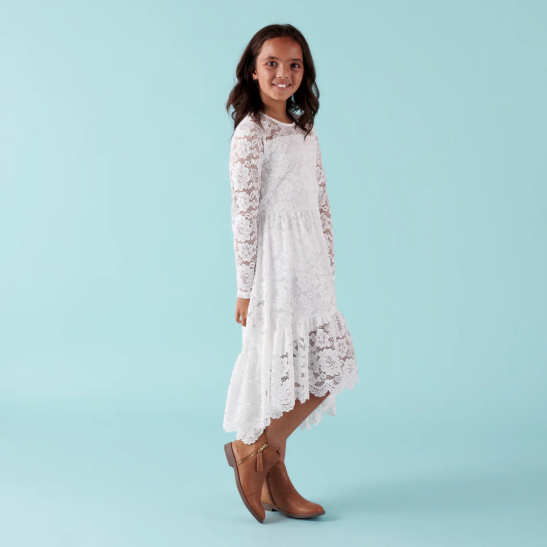 DESIGNER KIDZ DELPHINE L/S LACE DRESS - IVORY