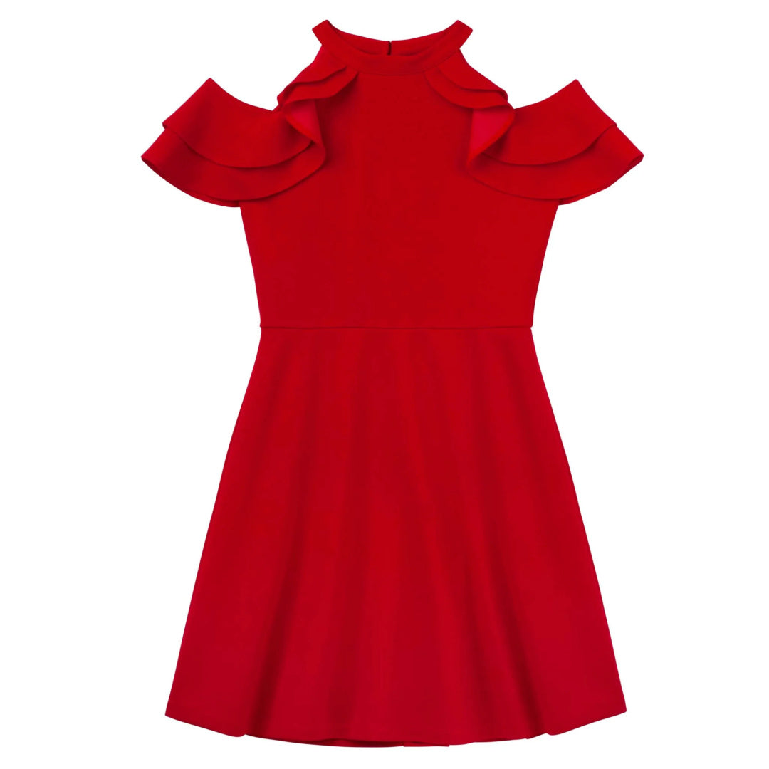 DESIGNER KIDZ ELLE COLD SHOULDER FRILL DRESS - RED