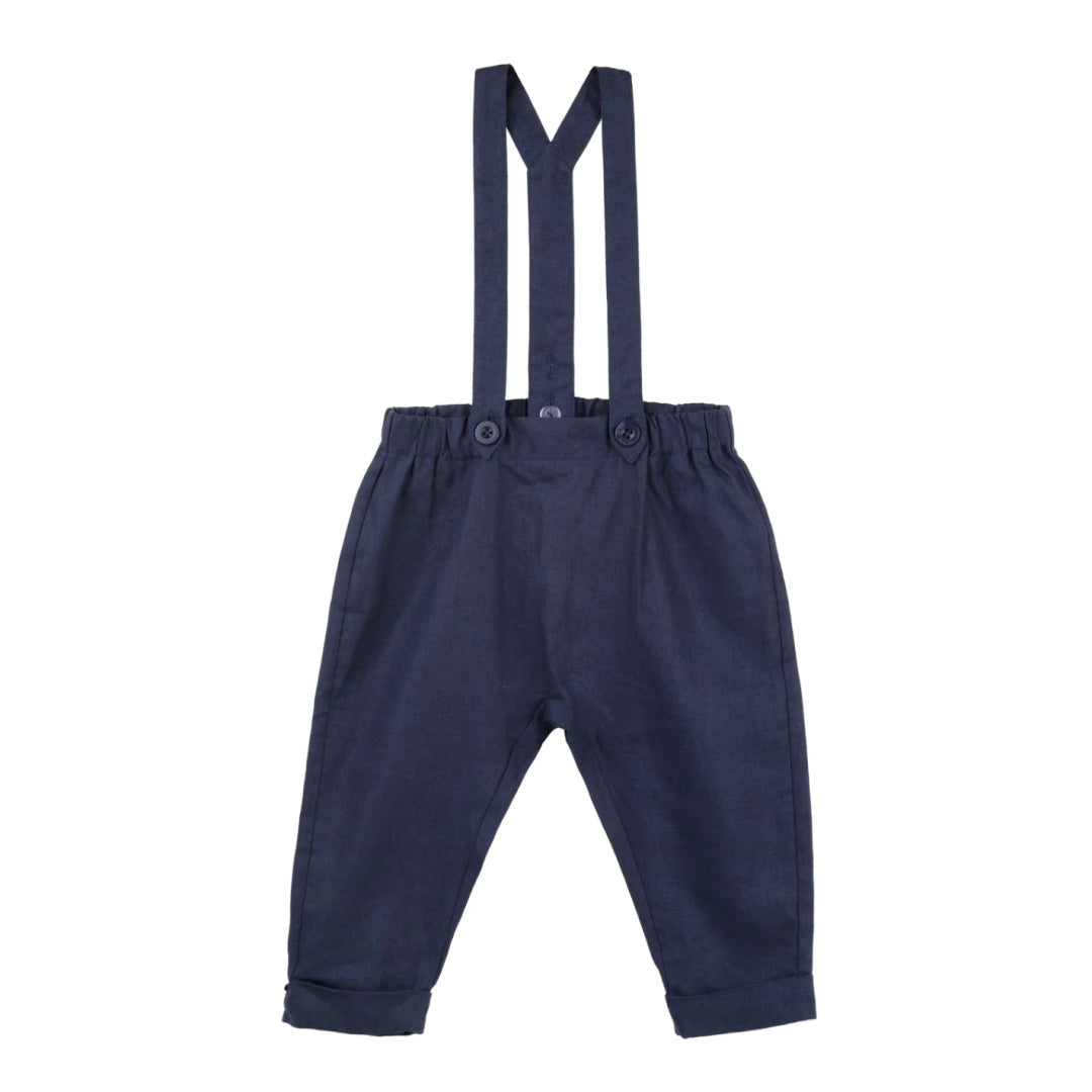 DESIGNER KIDZ BOYS FINLEY LINEN SUSPENDER PANTS - NAVY