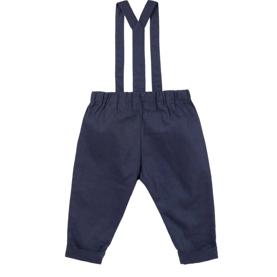 DESIGNER KIDZ BOYS FINLEY LINEN SUSPENDER PANTS - NAVY
