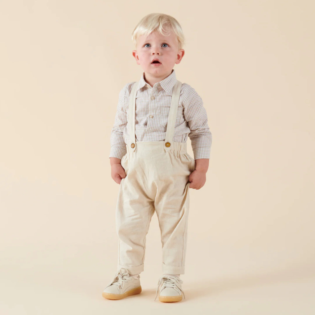 DESIGNER KIDZ BOYS FINLEY LINEN SUSPENDER PANTS - SAND