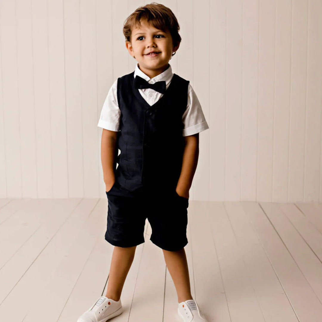 DESIGNER KIDZ BOYS FINLEY LINEN BOW TIE - NAVY