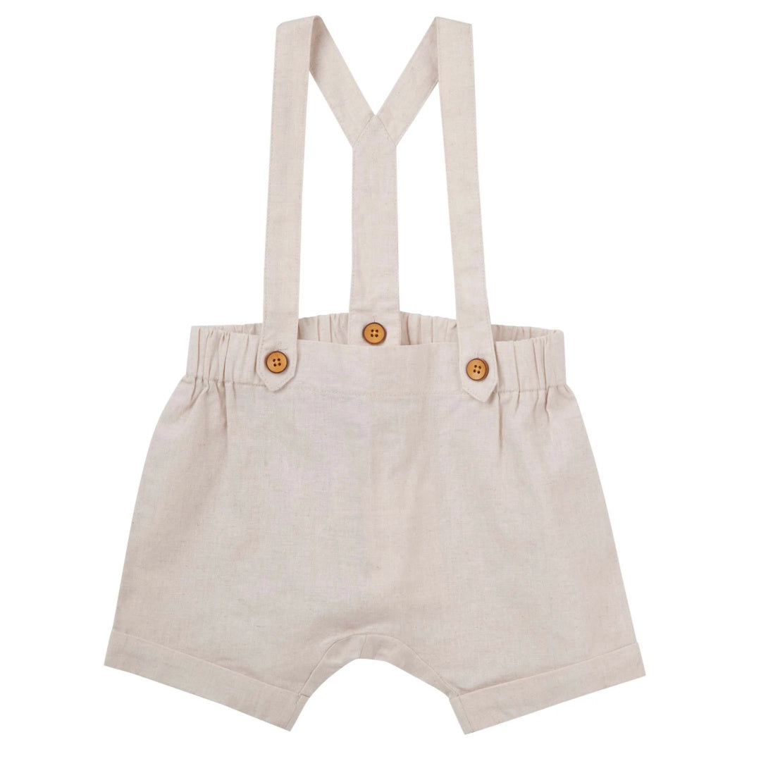 DESIGNER KIDZ BOYS FINLEY LINEN SUSPENDER SHORTS - SAND