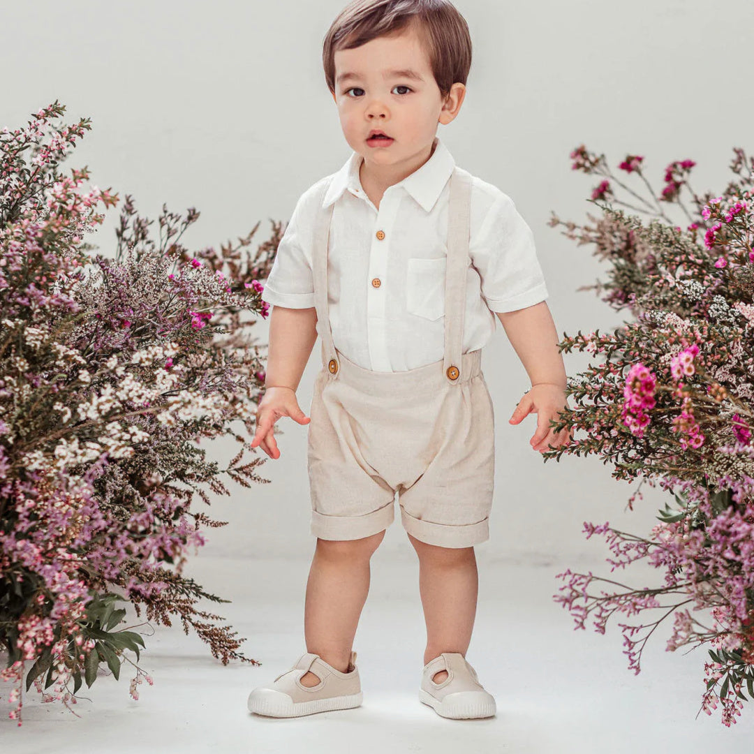 DESIGNER KIDZ BOYS FINLEY LINEN SUSPENDER SHORTS - SAND