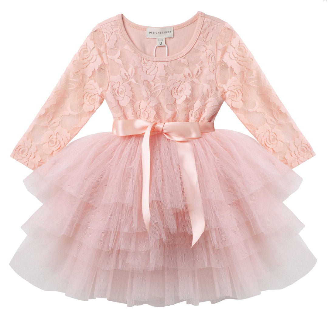 DESIGNER KIDZ MY FIRST LACE TUTU L/S DRESS - TEA ROSE