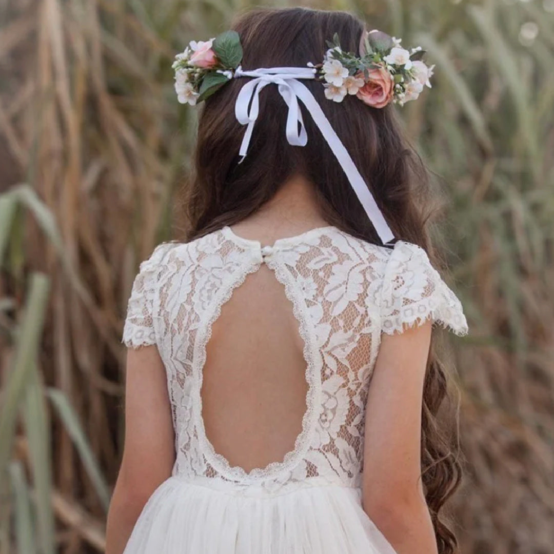 A LITTLE LACEY SERENADE LACE IVORY FLOWER GIRL DRESS