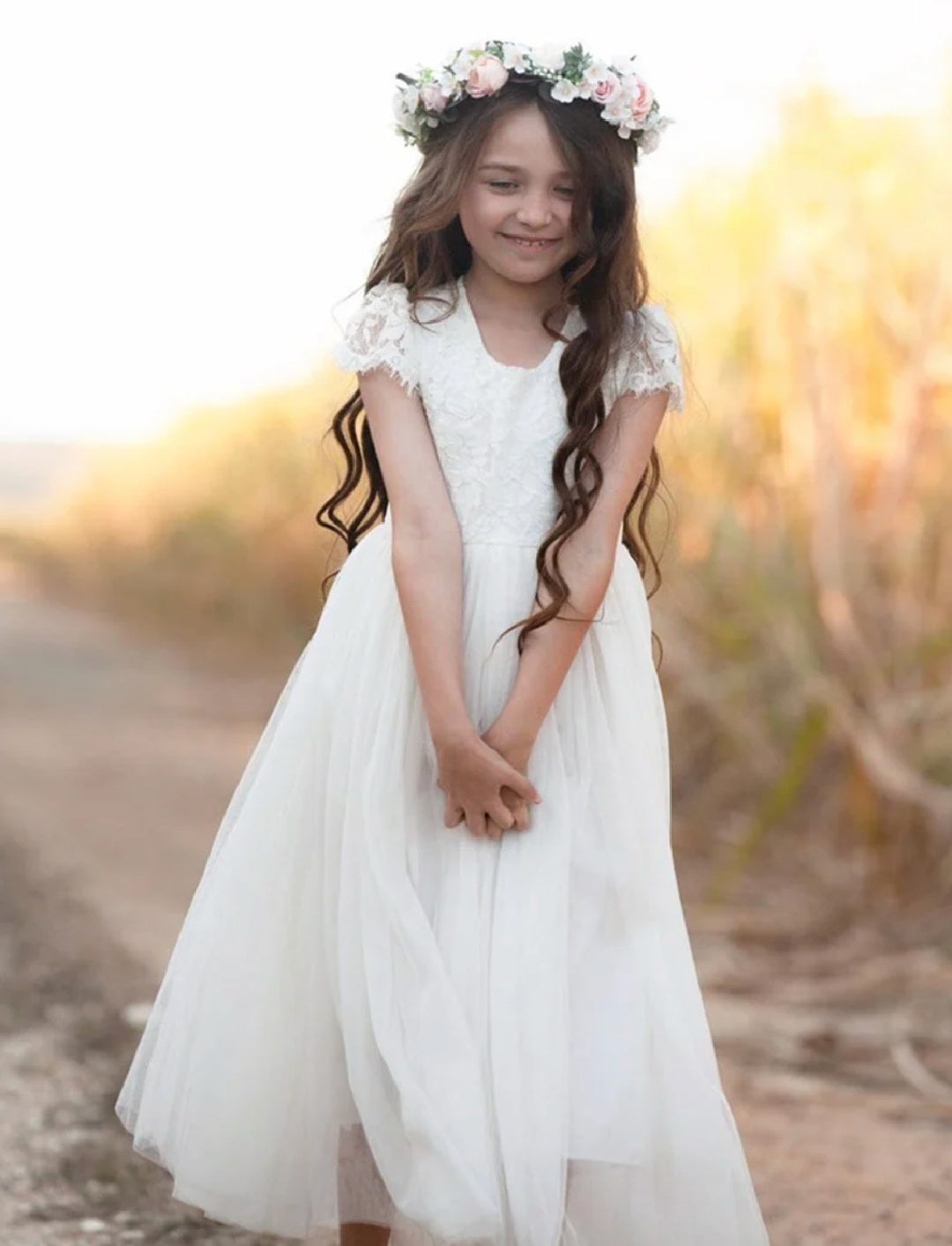 A LITTLE LACEY SERENADE LACE IVORY FLOWER GIRL DRESS