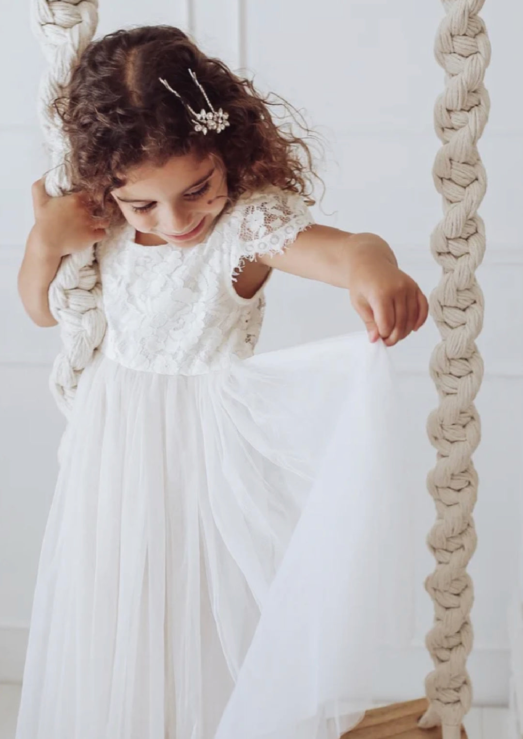 A LITTLE LACEY SERENADE LACE IVORY FLOWER GIRL DRESS