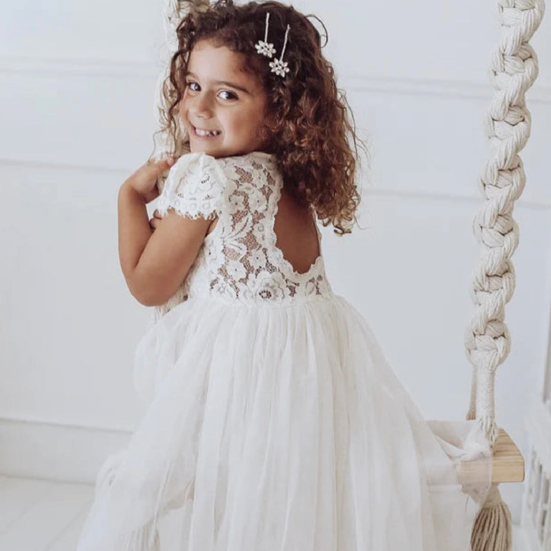 A LITTLE LACEY SERENADE LACE IVORY FLOWER GIRL DRESS