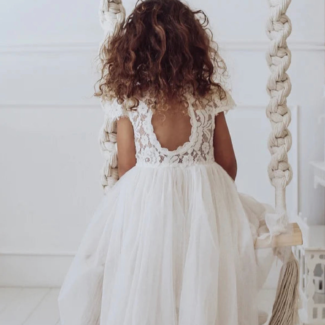 A LITTLE LACEY SERENADE LACE IVORY FLOWER GIRL DRESS