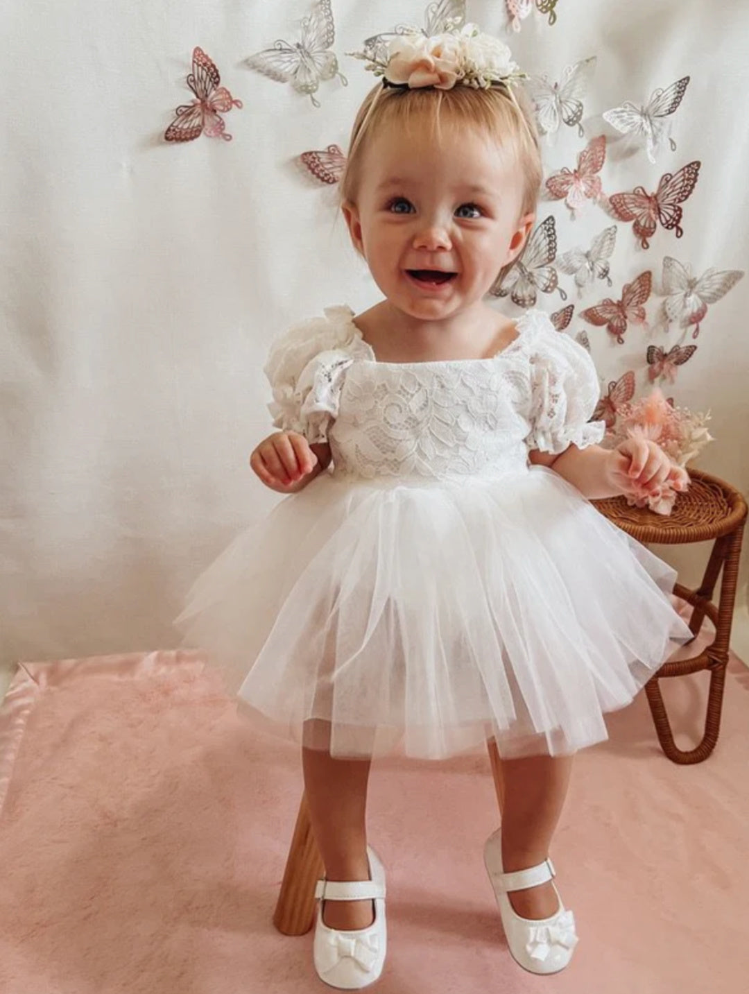A LITTLE LACEY CALLISTA PUFF SLEEVE WHITE BABY DRESS - Lollypop Lane Kidswear A LITTLE LACEY CALLISTA PUFF SLEEVE WHITE BABY DRESS - Lollypop Lane Kidswear