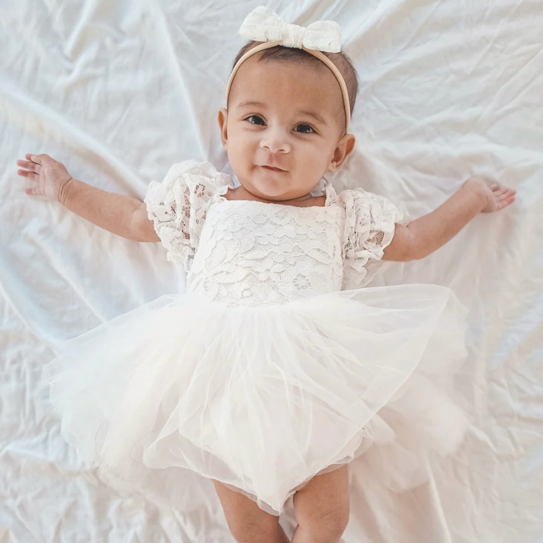 A LITTLE LACEY CALLISTA PUFF SLEEVE WHITE BABY DRESS