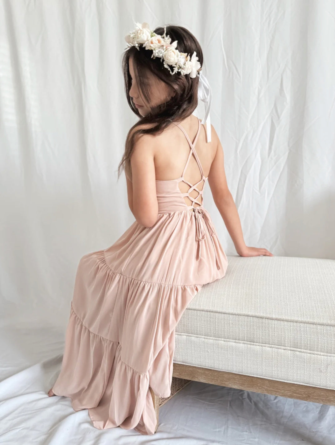 A LITTLE LACEY CLARA CHIFFON GIRLS MAXI DRESS BLUSH PINK Lollypop Lane Kidswear