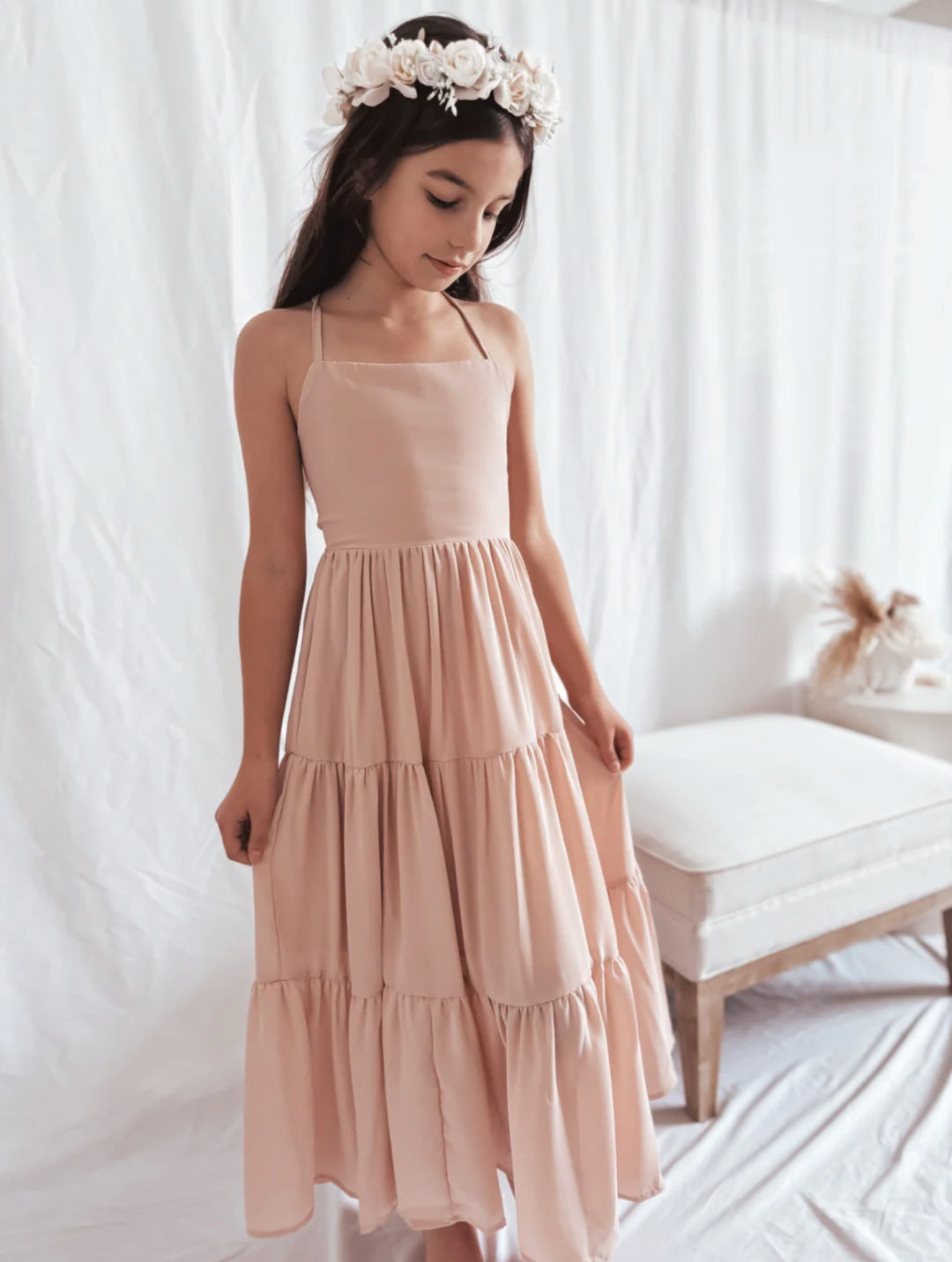 A LITTLE LACEY CLARA CHIFFON GIRLS MAXI DRESS - BLUSH PINK