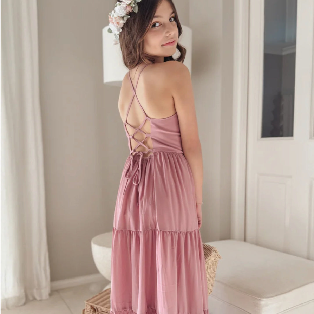 A LITTLE LACEY CLARA CHIFFON GIRLS MAXI DRESS - DUSTY ROSE